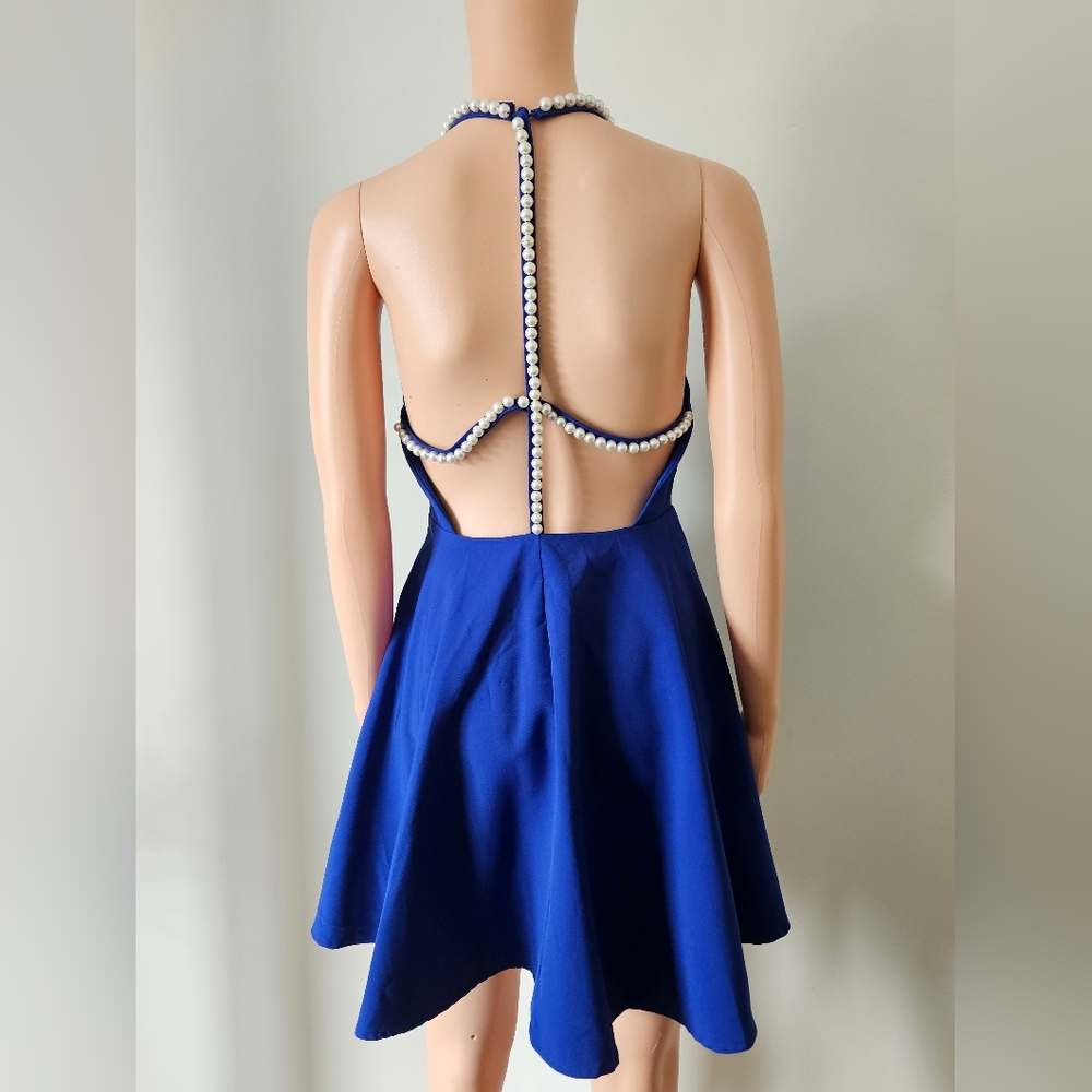 lulu's cobalt blue mini dress with pearl halter neck and back detailing